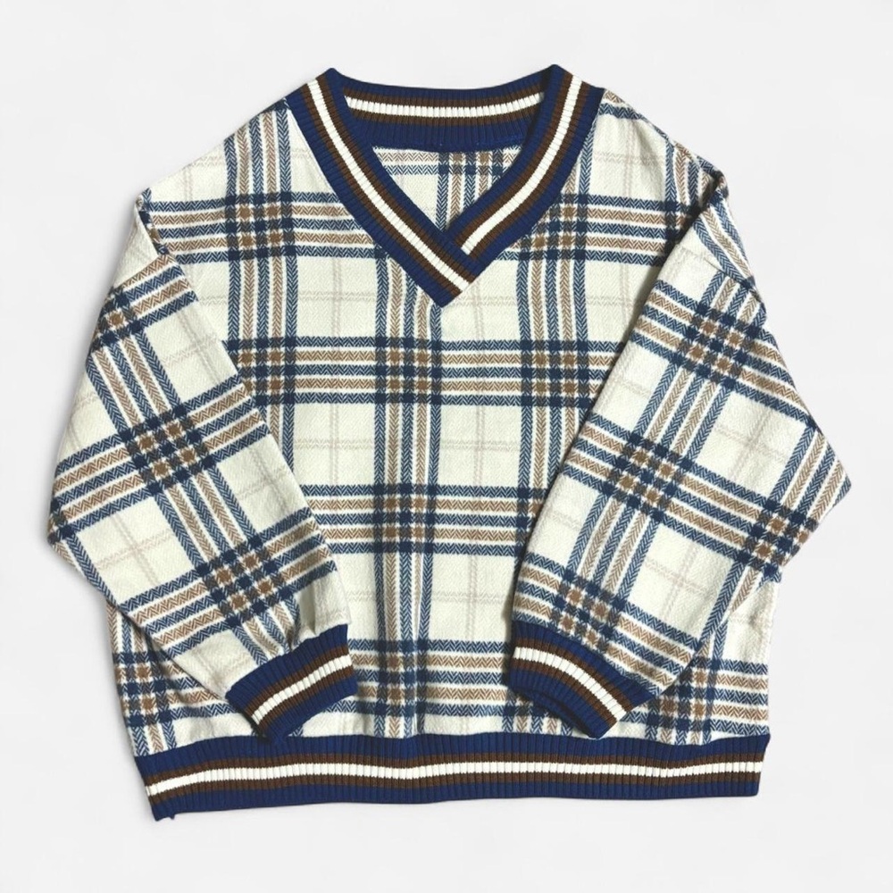 Blue & brown plaid oversized sweater - YESSTYLE